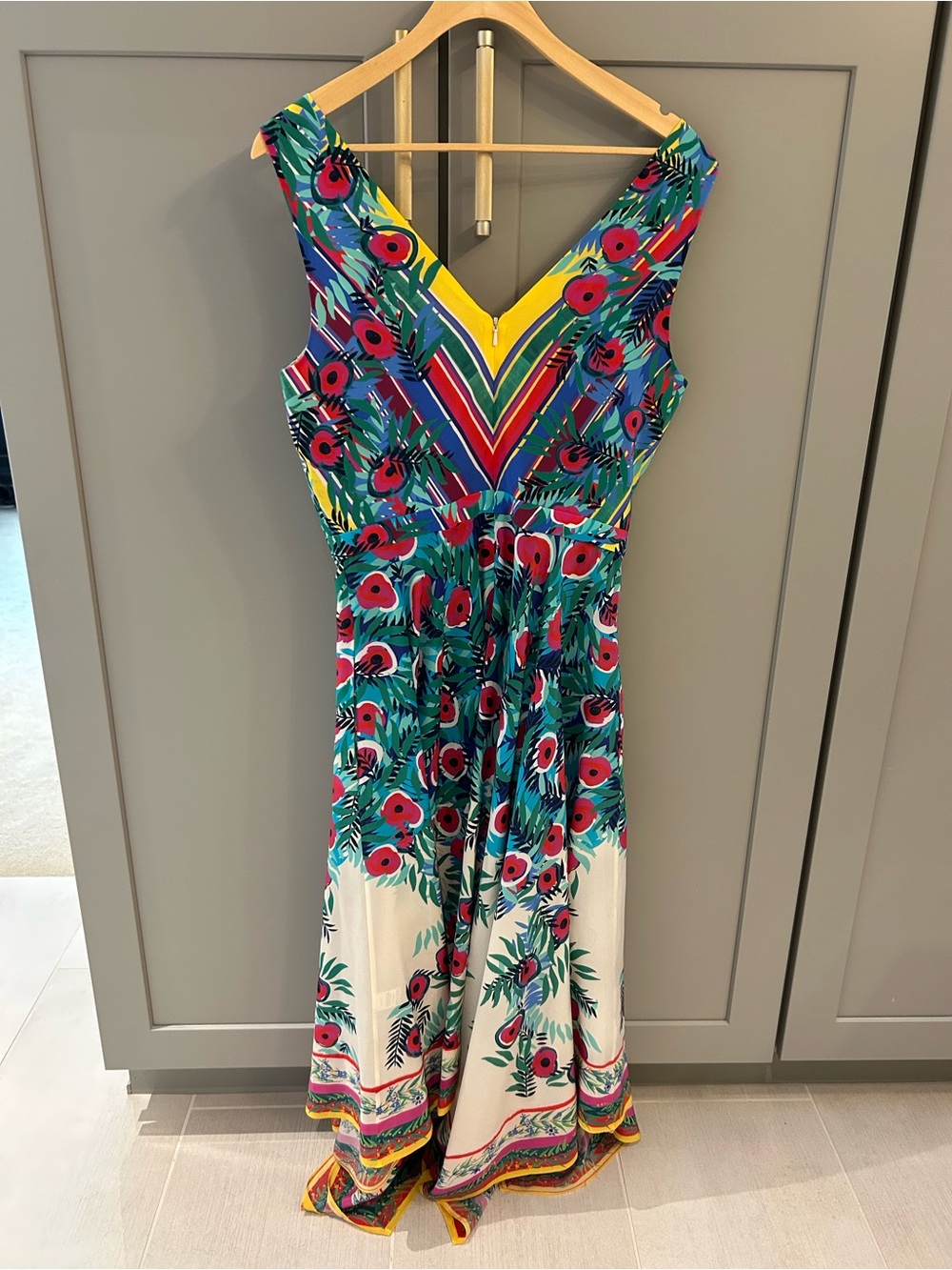 🌺 NWT! SALONI Multicolor Silk V‑Neck Asymmetrical Floral Zuri Dress - Picture 9 of 11